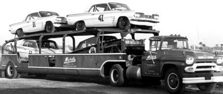 This is Nichels Engineering's car carrier loaded up with '62 Tempests prepped for that year's Pure Oil Economy Run. Super Duty versions of both four-cylinder and 421 engines were used. 