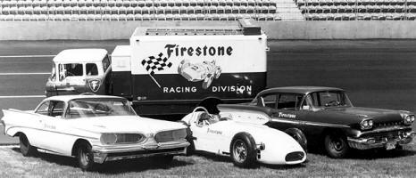 In addition to their Pontiac activities, Nichels Engineering was also under contract to Firestone for testing and development. The fleet of test cars pictured here includes a '59 Catalina, a Pontiac-powered Kurtis Indy car, and a '58 Chieftain. 