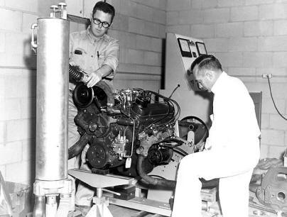 Here's Nichels and an assistant testing a Pontiac V-8 on the dyno. Note the reverse-flow cooling system, indicating a pre-'58 V-8 engine.